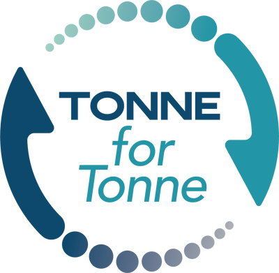 A circular graphic with the words 'TONNE for Tonne' in dark blue and teal text, surrounded by teal and blue arrows and a dotted circle on a white background.